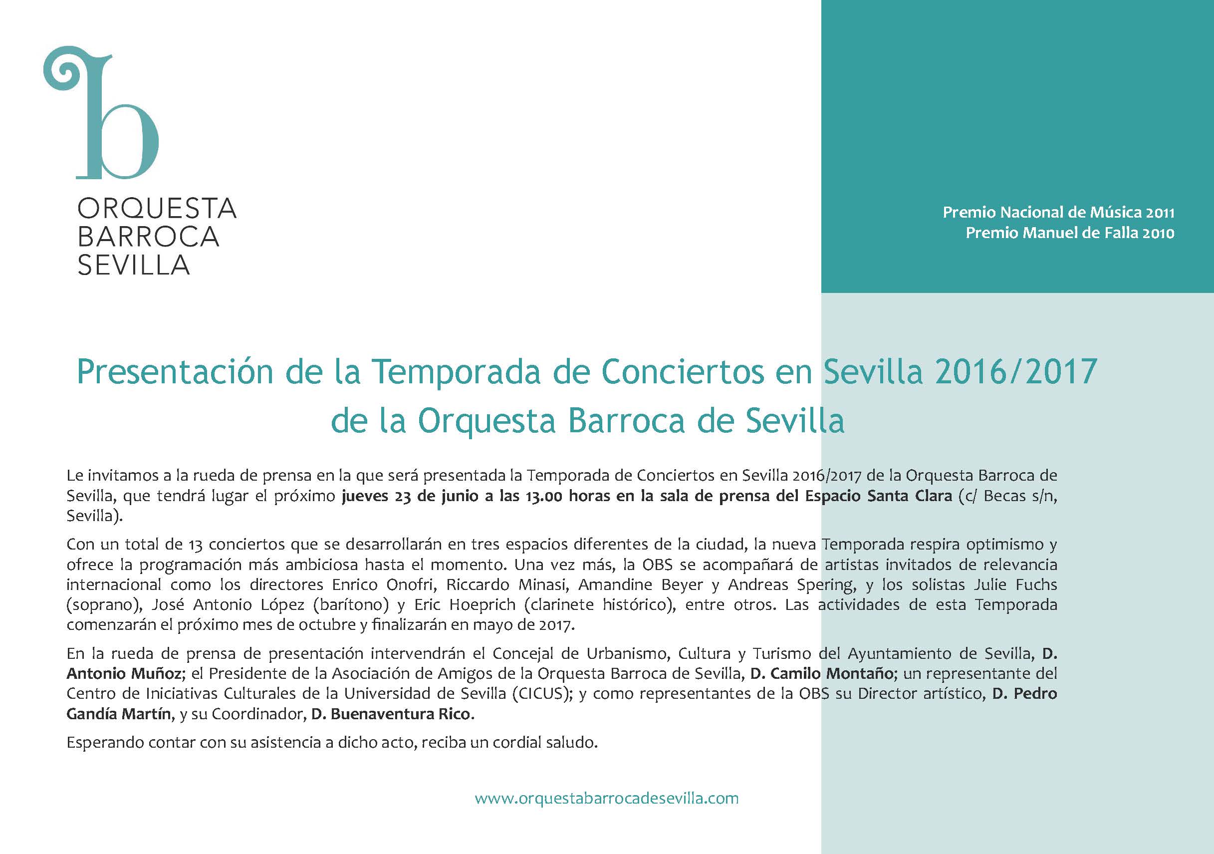 Rueda de Prensa. Presentación Temporada 2016-2017 de la OBS en Sevilla